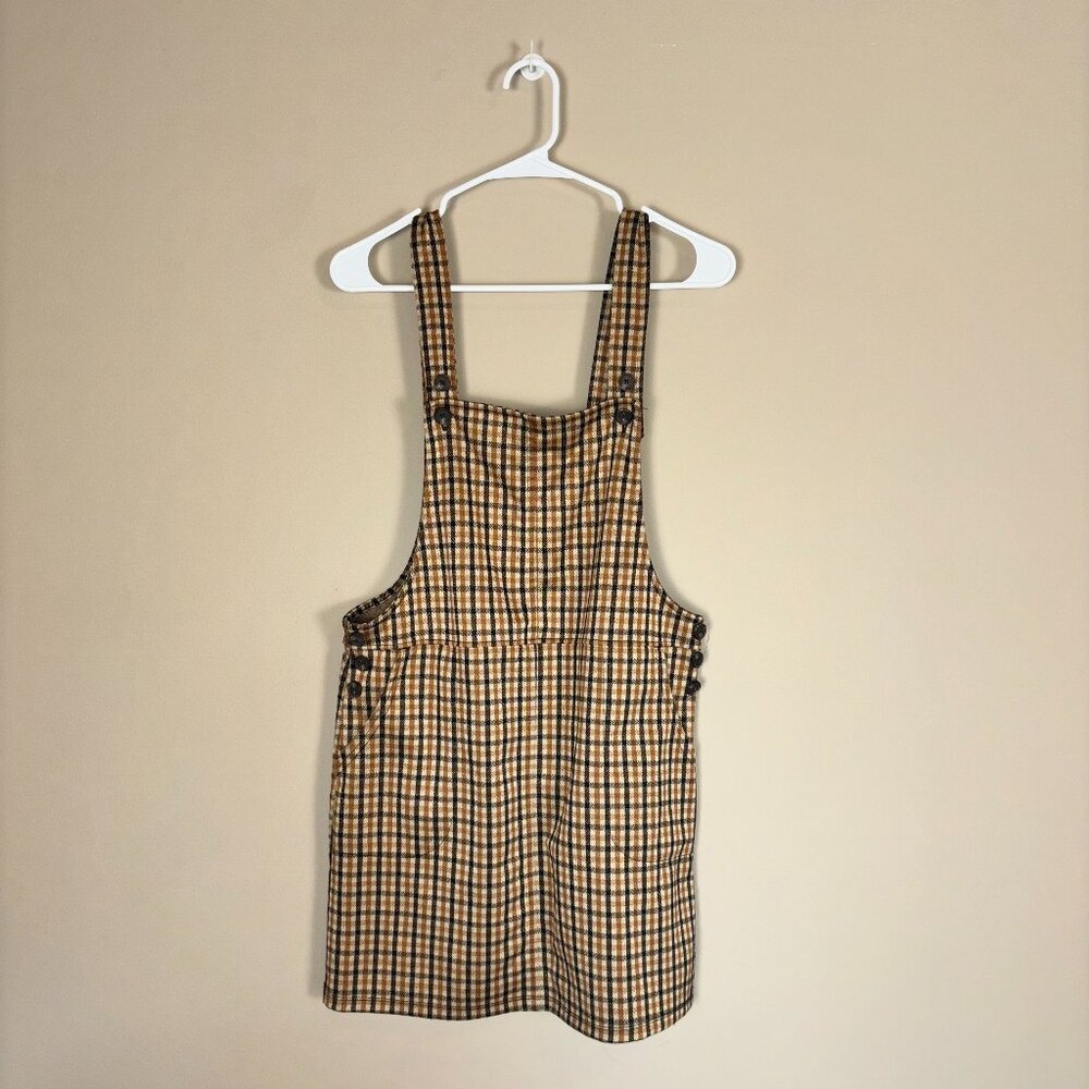 SO Tan/Black Plaid Button-Up Overall Dress - Size M